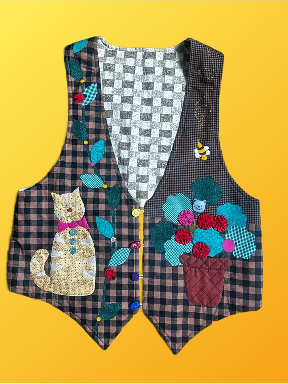 Handmade ~ Large ~ Multi-Colors ~ Embroidery Floral & Cats  Reversible Vest